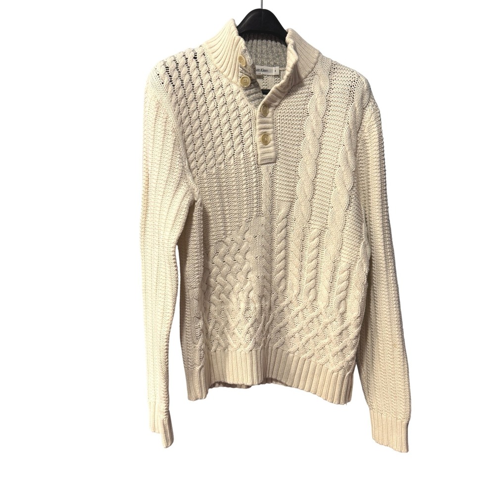 Calvin Klein Mens Cream Mixed Cable Knit Mock Neck Button Pullover Sweater Med.